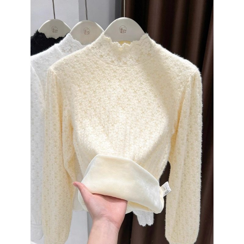 2026秋冬新款杏色半高领蕾丝花边打底衫女士内搭保暖磨毛加绒上衣