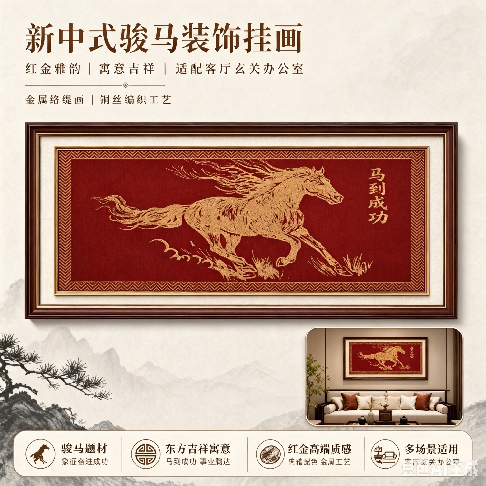 高端新中式骏马铜丝编织装饰画