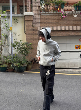 【清仓特价】双面布410g精梳棉 短款基础灰色连帽卫衣cleanfit