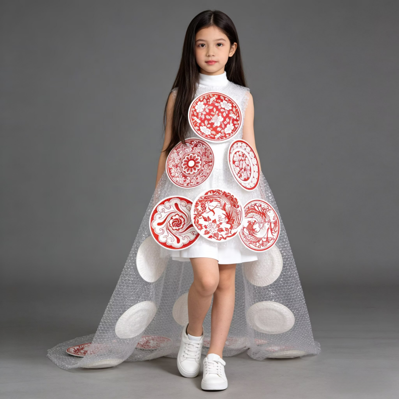 儿童环保时装秀服装女孩DIY手工创意纸盘青花瓷亲子幼儿园走秀服