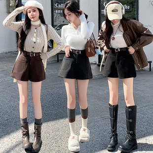 小个子外穿高级感百搭毛呢短裤女秋冬新款a字裙裤高腰阔腿靴裤女