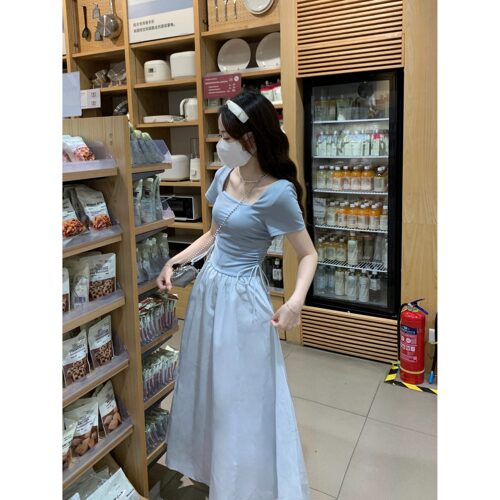 145小个子设计感连衣裙女150方领抽绳系带收腰短袖a字长裙xs夏季