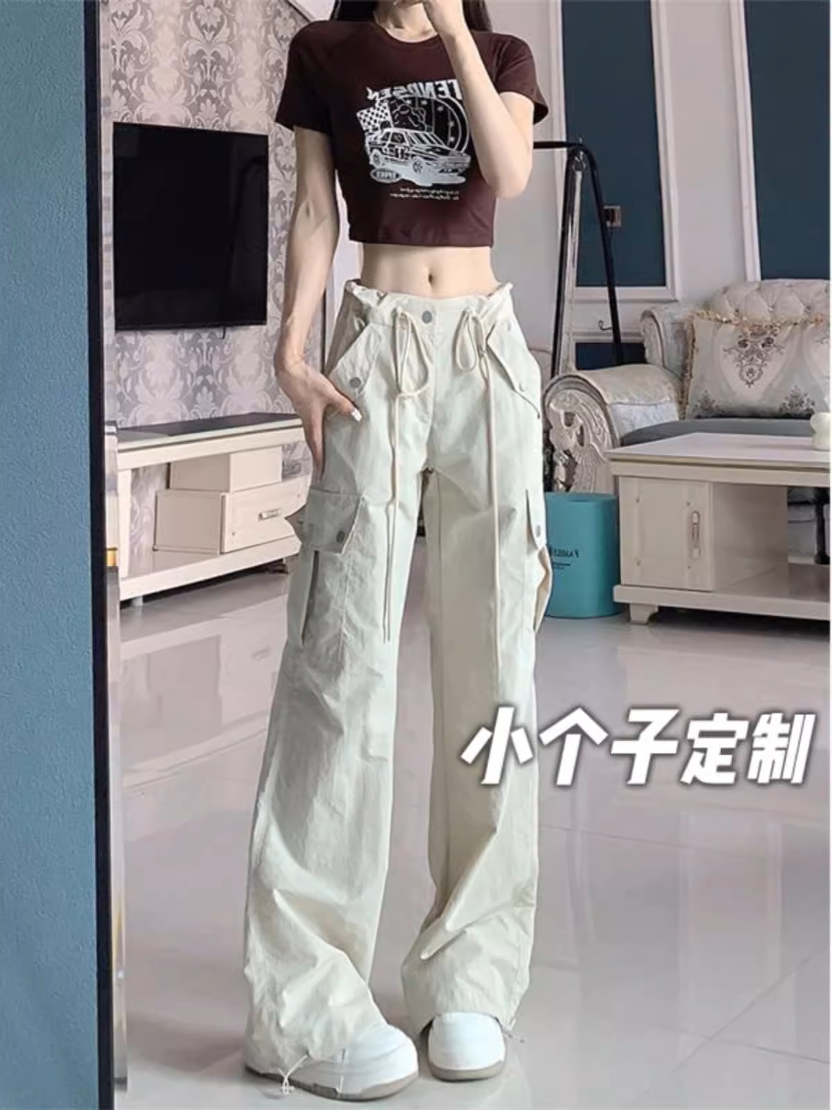 150小个子美式街头辣妹工装裤女155低腰抽绳直筒窄版休闲xs九分夏