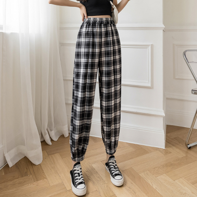 145小个子八分裤宽松网红高腰休闲裤束脚裤格子裤女夏150运动裤XS