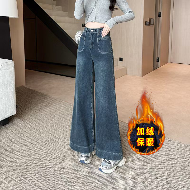 150小个子加绒加厚九分牛仔裤女秋冬新款155高腰显瘦微喇阔腿裤xs