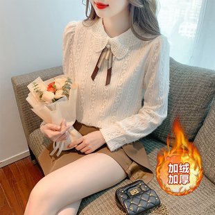 150小个子加绒加厚蕾丝衬衫女秋冬款155娃娃领长袖减龄内搭上衣xs