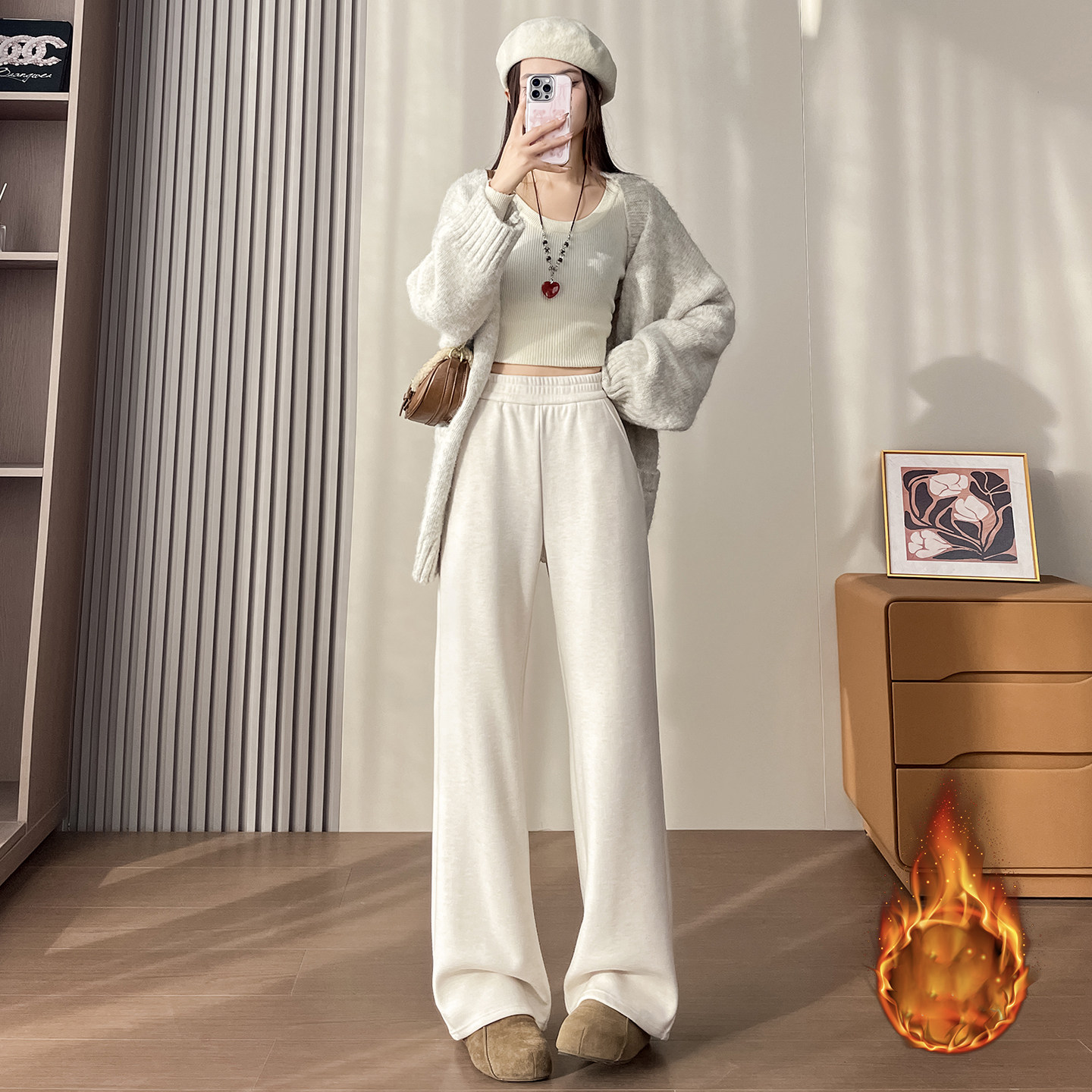 150小个子羊绒糯米阔腿裤女秋冬155加绒直筒微喇裤垂感休闲裤子xs