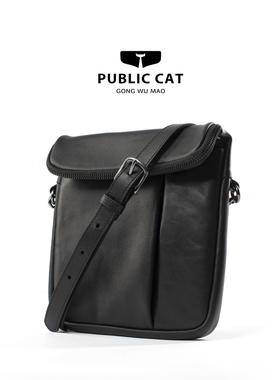 单肩包头层牛皮PUBLICCAT公务猫ins工装休闲黑色真皮复古风斜挎包