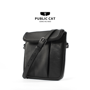 单肩包头层牛皮PUBLICCAT公务猫ins工装休闲黑色真皮复古风斜挎包