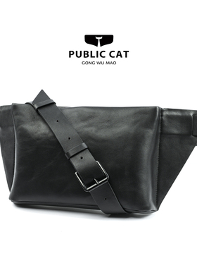 PUBLICCAT公务猫头层牛皮小众设计男士机车街头斜挎胸包真皮腰包