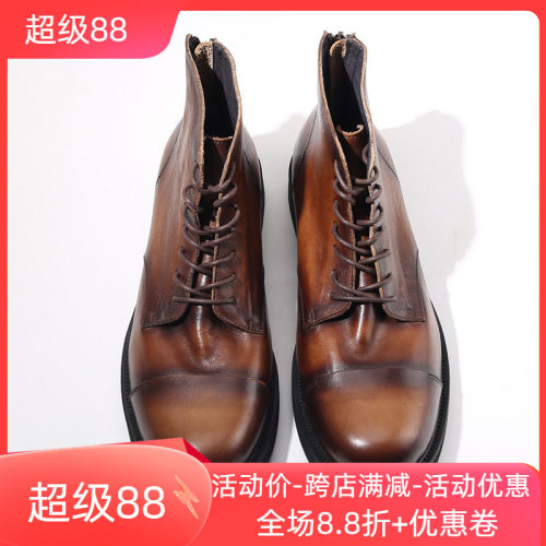 圆头休闲系带高帮皮靴男士复古