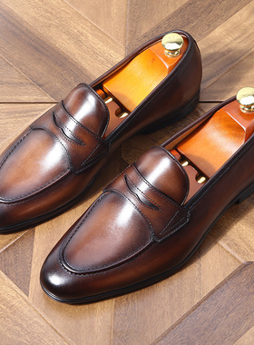 英伦手工做旧尖头正装商务休闲真皮男士一脚蹬乐福鞋套脚复古鞋