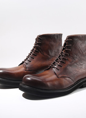 圆头复古阿美咔叽美式复古手工高帮真皮擦色做旧大头休闲马丁靴男