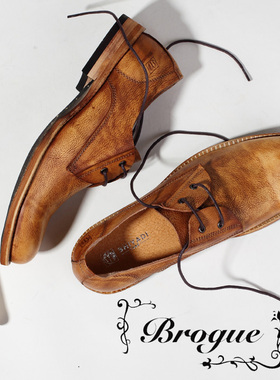 英伦风日常手工休闲圆头真皮皮鞋潮男士复古做旧真牛皮男鞋青年