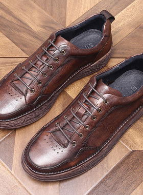 复古做旧运动真皮休闲皮鞋男英伦风系带圆头百搭软底德比鞋棕色
