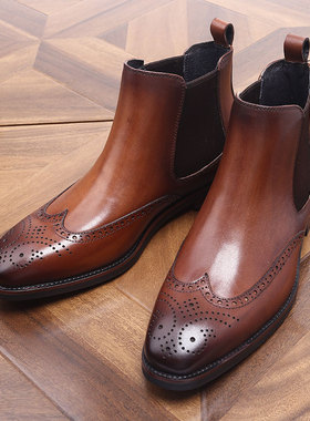 意大利复古英伦皮靴切尔西靴布洛克高帮雕花手工鞋商务正装真皮鞋