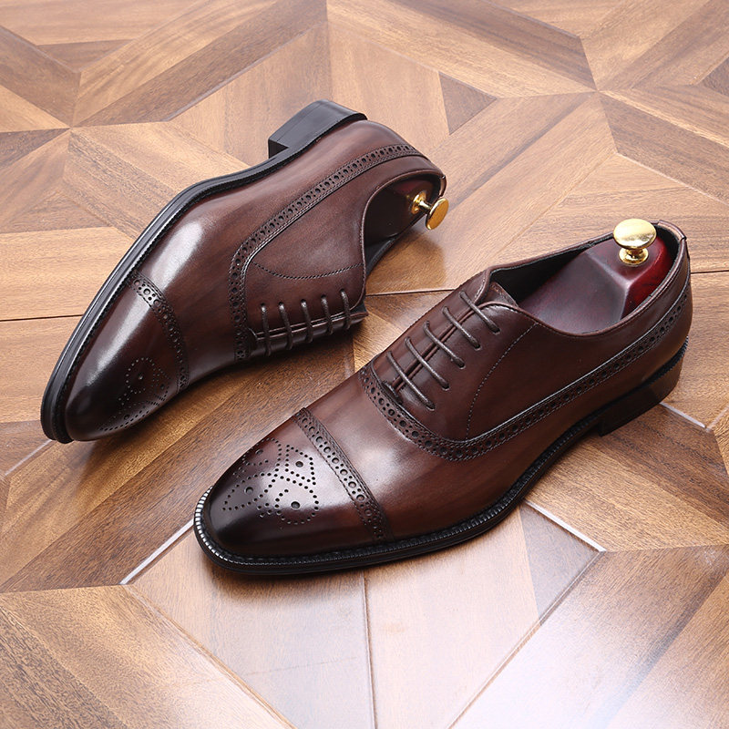 复古英伦风商务休闲皮鞋男士真皮正装方头年轻款布洛克雕花牛津鞋