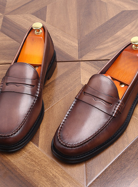英伦潮流做旧商务皮鞋休闲男士真皮乐福鞋套脚复古真皮手工鞋