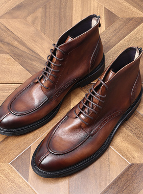 圆头复古英伦男士系带圆头耐磨大头高帮休闲马丁拉链短真皮马丁靴