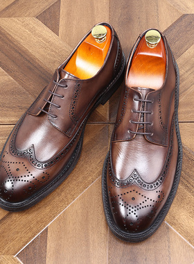 英伦圆头布洛克雕花黑色男士潮流商务休闲皮鞋正装耐磨防滑皮鞋男