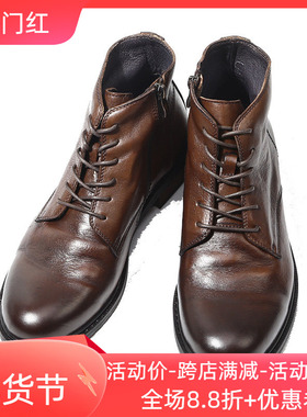 英伦风复古马丁真皮复古做旧高帮褶皱男士潮流休闲皮鞋厚底皮靴子