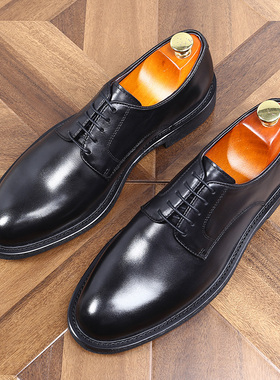 英伦复古手工做旧尖头德比鞋男士商务正装德比真皮鞋办公室鞋黑色