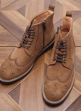 英伦风真皮马丁布洛克高帮雕花男士潮流休闲皮鞋反绒皮靴子手工鞋