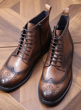 圆头男士牛皮休闲皮鞋英伦复古做旧马丁靴短靴皮靴雕花高帮真皮鞋