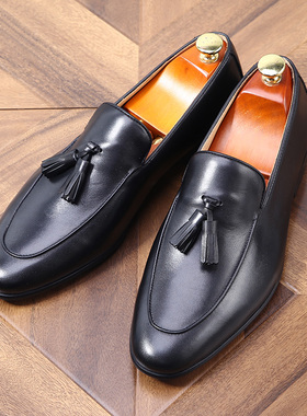 复古英伦风男鞋欧美流苏套脚乐福鞋男士商务休闲轻质皮鞋意大利
