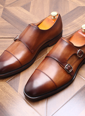 英伦风一脚蹬复古手工商务正装皮鞋男士套脚真皮潮搭扣乐福鞋子