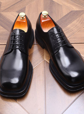 英伦方头牛皮德比男士潮流真皮商务休闲皮鞋大头增高厚底鞋黑色鞋