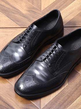 英伦风牛皮商务正装真皮鞋男士布洛克雕花褶皱休闲复古手工皮鞋