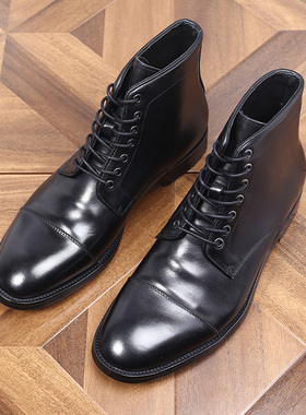 欧美高帮商务休闲马丁靴圆头褶皱系带复古做旧耐磨平跟短筒皮靴