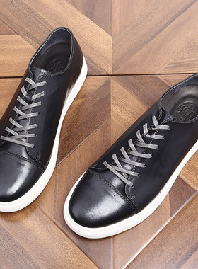 英伦风真皮潮流休闲皮鞋男士韩版运动厚底板鞋马皮水洗复古休闲鞋