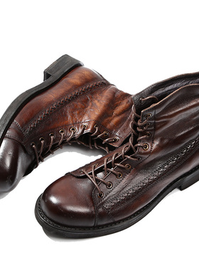 欧美复古阿美咔叽英伦风真皮靴男士高帮休闲皮鞋工装马丁鞋潮流