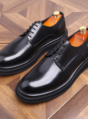 英伦圆头德比男士潮流真皮休闲皮鞋大头增高厚底鞋黑色德比鞋皮鞋