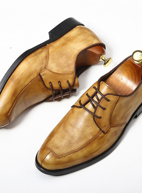 英伦风真皮复古手工做旧系带韩版男士潮流耐磨方头商务休闲皮鞋