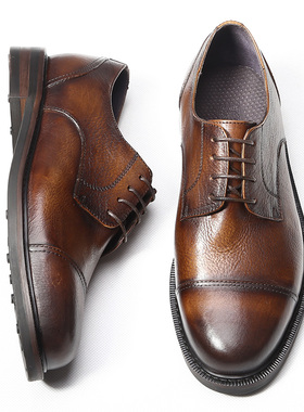 英伦风复古手工潮流正装男士复古做旧褶皱商务休闲真皮鞋圆头皮鞋