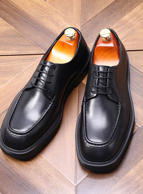 潮流英伦风真皮方头系带韩版男士商务正装休闲皮鞋大头厚底手工鞋