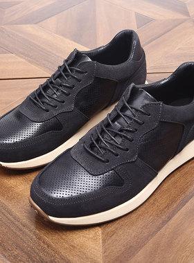 欧美真皮潮流男士英伦运动休闲皮鞋老爹板鞋增高厚底小黑鞋轻质鞋