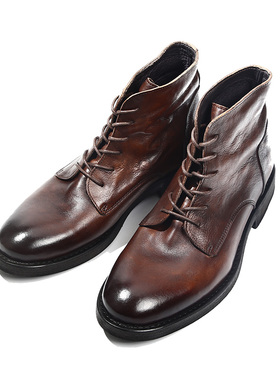 欧美复古男士圆头做旧水洗擦色潮鞋休闲高帮皮鞋英伦复古手工鞋