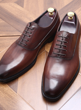 英伦潮流方头手工德比鞋男士商务休闲正装真皮鞋牛津鞋黑色耐磨鞋