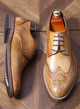 英伦布洛克雕花潮流商务正装低帮皮鞋做旧手工做旧复古真皮休闲鞋