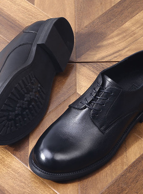 英伦风圆头正装休闲皮鞋 系带低跟耐磨工装大头男鞋真皮手工复古