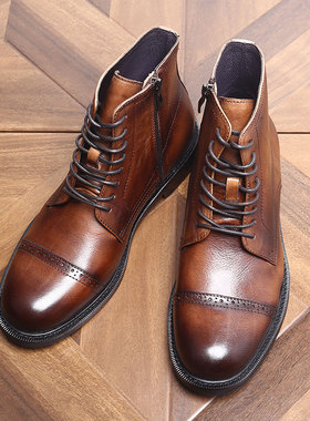 英伦潮流皮靴阿美咔叽雕花靴复古拉链真皮高帮休闲中帮马丁靴男