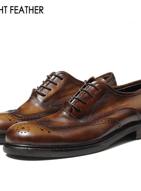 欧美复古男鞋时尚手工擦色做旧圆头休闲皮鞋男布洛克款式雕花男鞋