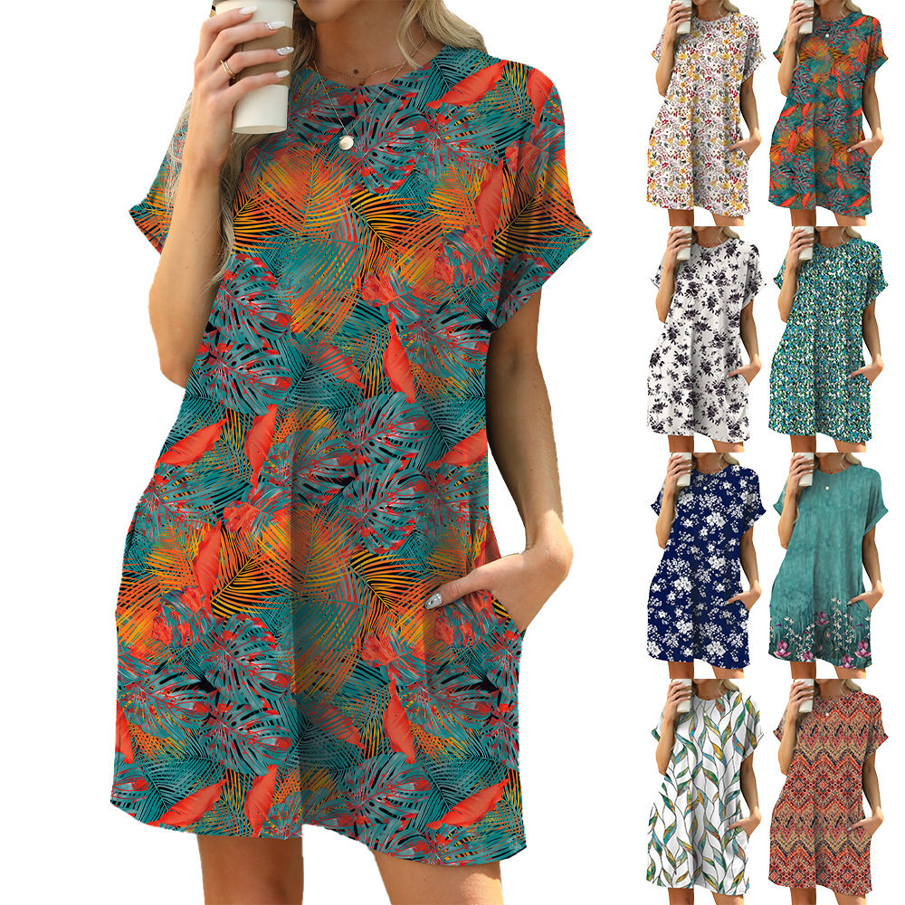 Summer Short Sleeve Printed Pocket Dress 女短袖印花连衣裙子