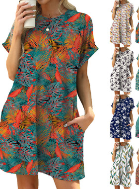 Summer Short Sleeve Printed Pocket Dress 女短袖印花连衣裙子