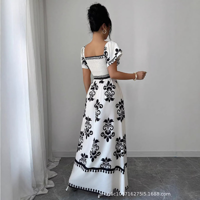 Bohemian long skirt one shoulder square collar printed dress