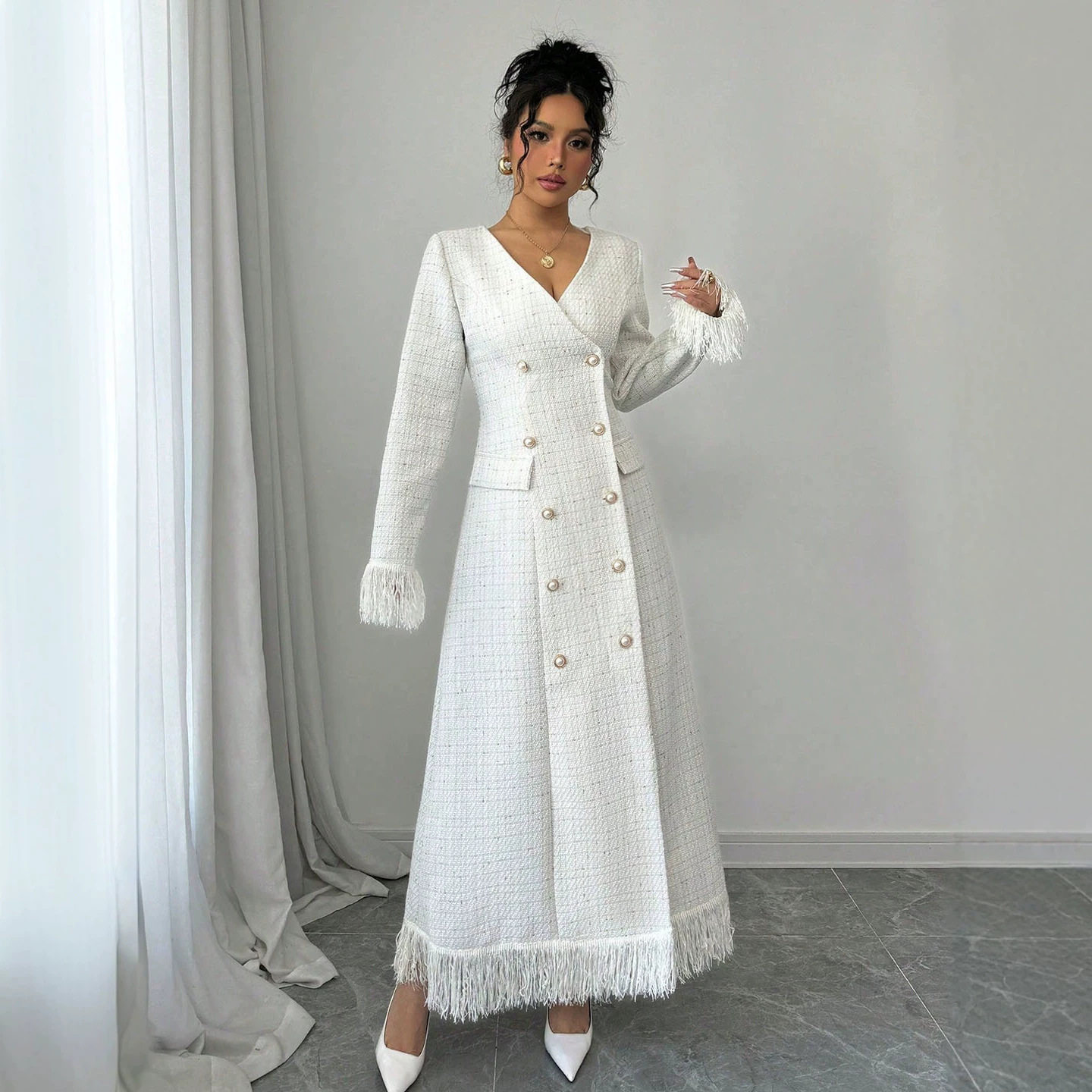 Coarse tweed long coats double row pearl button dresses